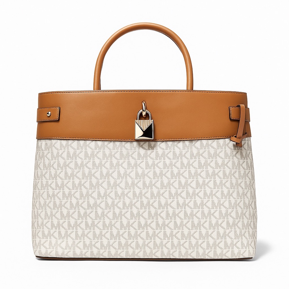 Michael Kors Tan and Cream Satchel with Signature Monogram